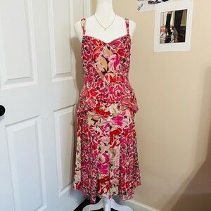 100% Silk Floral Pink and Red Mid Length Dress